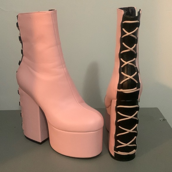 lamoda Shoes - Like new Lamoda pink and black corset back platform boots. Zip up sides. Skulls